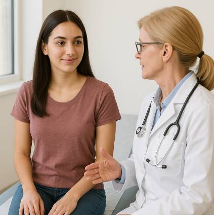 Female gynecologist consulting a woman patient about cosmetic gynecology treatment in a supportive medical environment