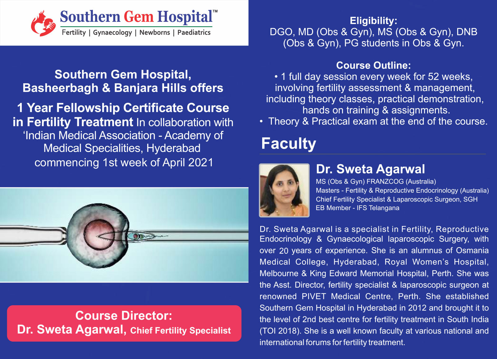 1 Year Fellowship Certificate Course in Fertility Treatment at Southern Gem Hospital Hyderabad